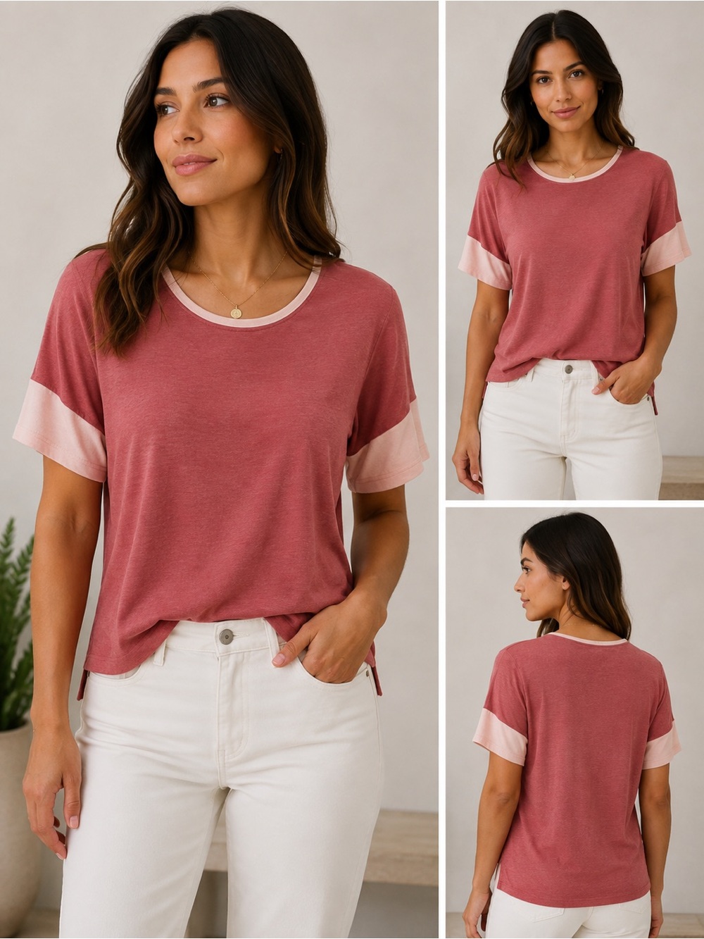 Vince Rose & Soft Blush-Ivory Colorblock Short Sleeve Tee XS